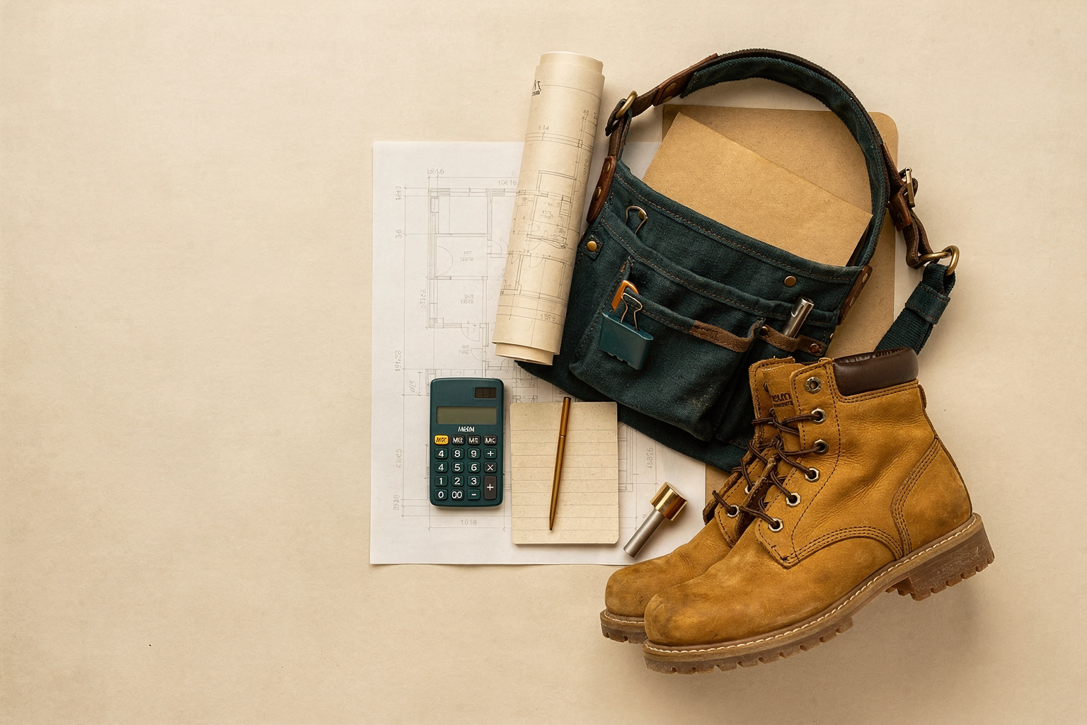 Flat-lay of a tradie's tool belt, folded blueprint, calculator, work boots and notepad arranged neatly, symbolising registering as a sole trader in Australia
