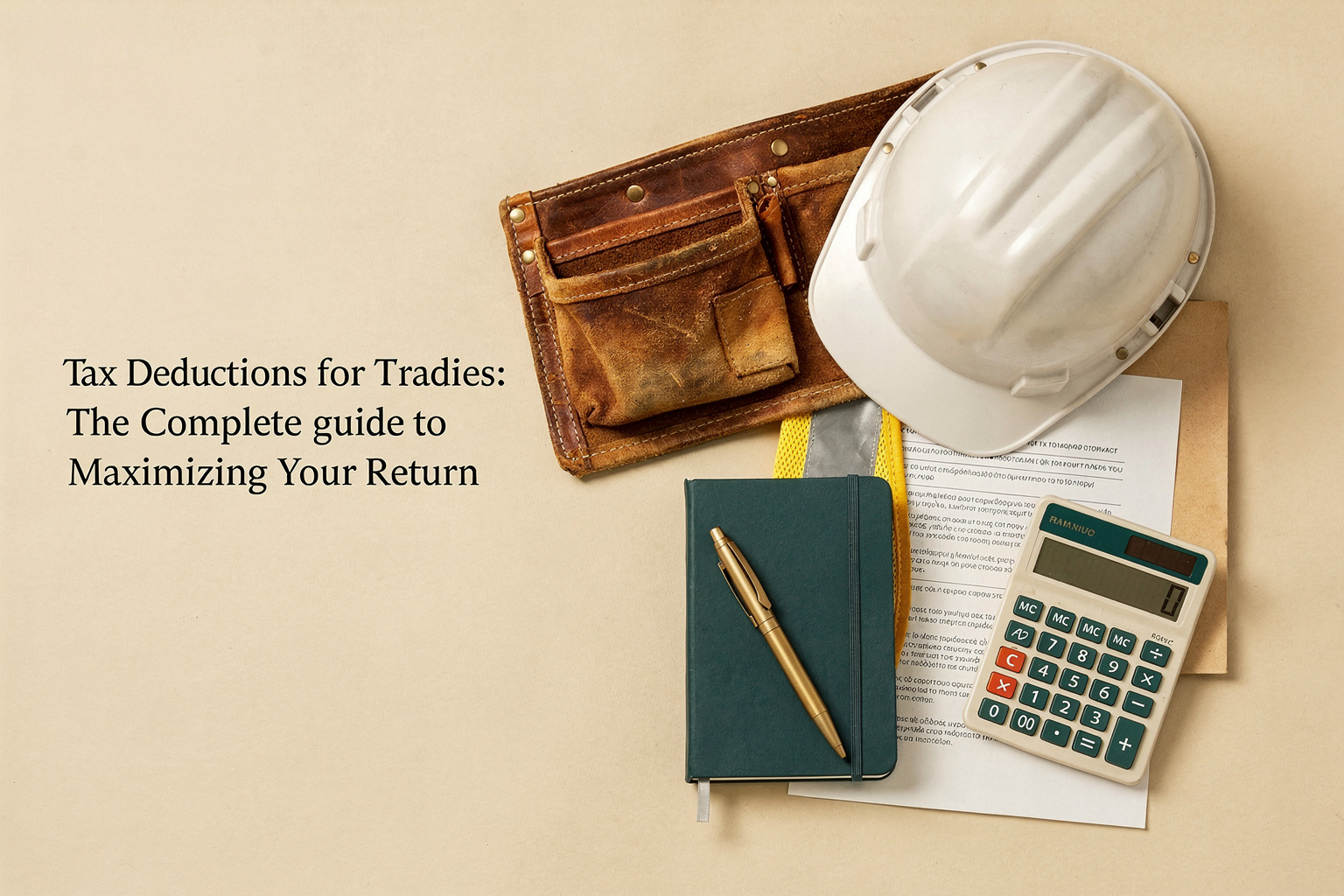 Flat-lay of a tool belt, hard hat, notebook, calculator and folded high-vis vest arranged neatly, symbolising tax deductions for tradies