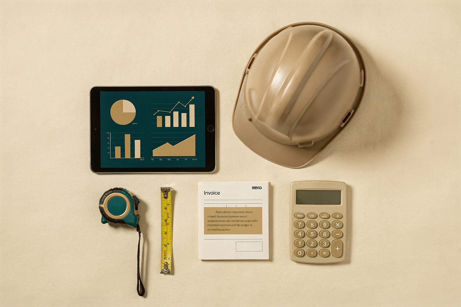 Flat-lay of a hard hat, tablet with financial charts, tape measure, invoice booklet and calculator arranged neatly, symbolising Xero setup for tradies